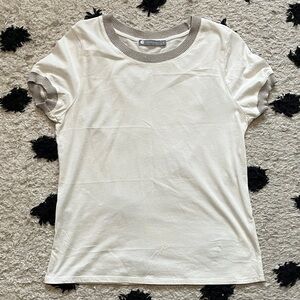 InCashmere size S Cream Tee basic, soft with Tan metallic Trim on neck & sleeve